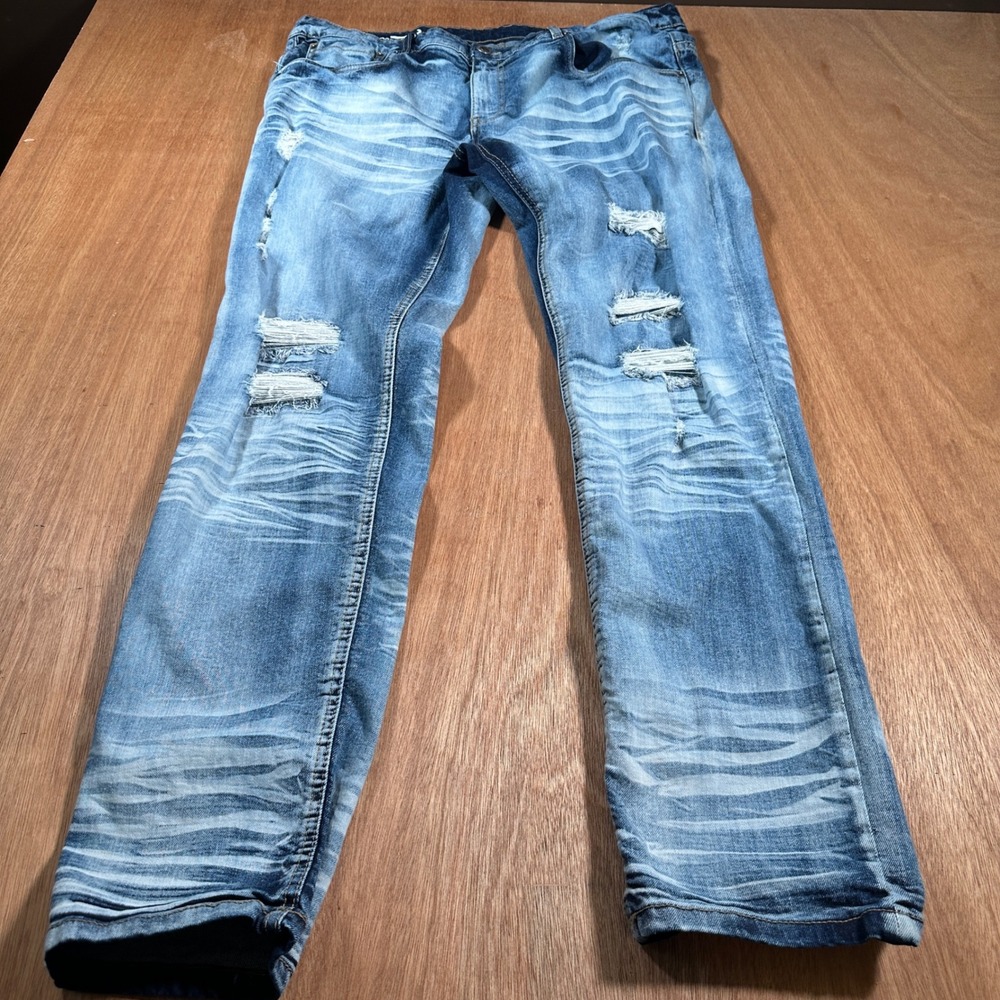 Copper Rivet Slim Fit Jeans Mens 38 Blue Distressed Whiskered Ripped Denim